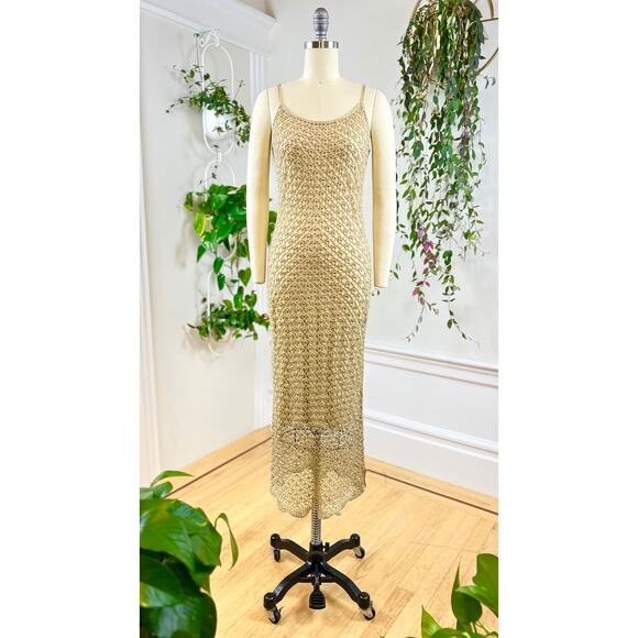 Vintage 2000s Party Dress Y2K CACHE Metallic Gold Crochet Spaghetti Strap Slip - Picture 4 of 11